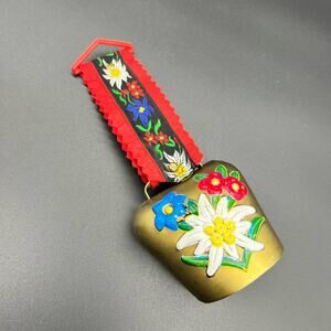 VTG Swiss Mountains Cow Bell Brass w/ Strap Fringe Embroidered Colorful Flowers